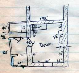 Ground floor plan, single person's house, Esh Colliery. Summer 1972, just prior to clearance 7/1972